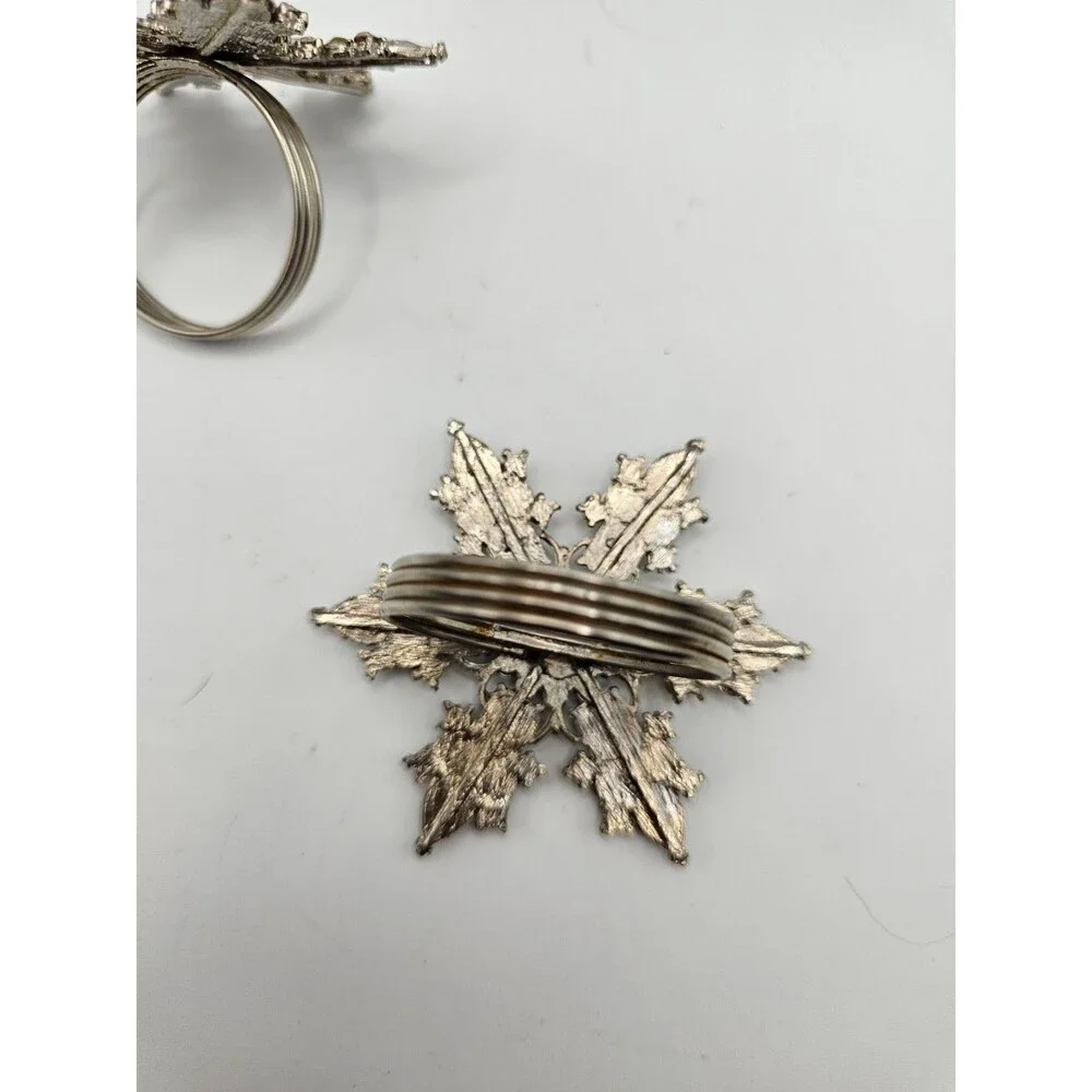 Snowflake Rhinestone Napkin Rings Set 2 Silver Tone Holiday Table Decor
